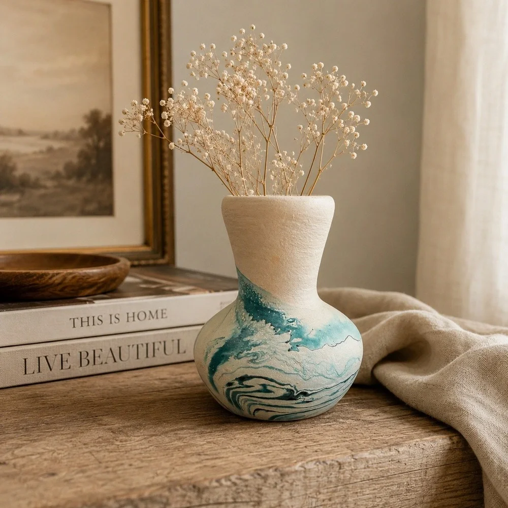 Vintage Nemadji Pottery Vase Indian River Swirl Handmade USA Aqua Marble 4
